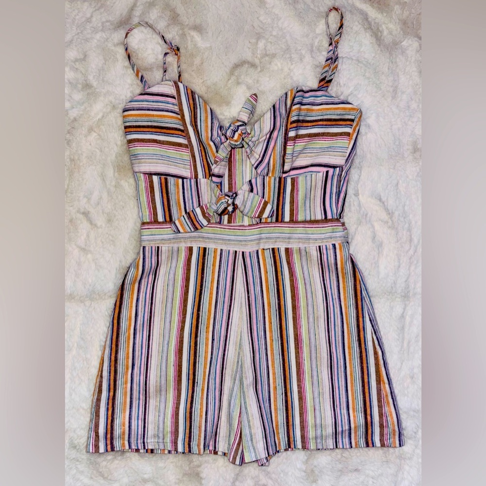 Karina Grimaldi MULTI Color Lined Front Tie Striped Linen Romper Jumpsuit XS